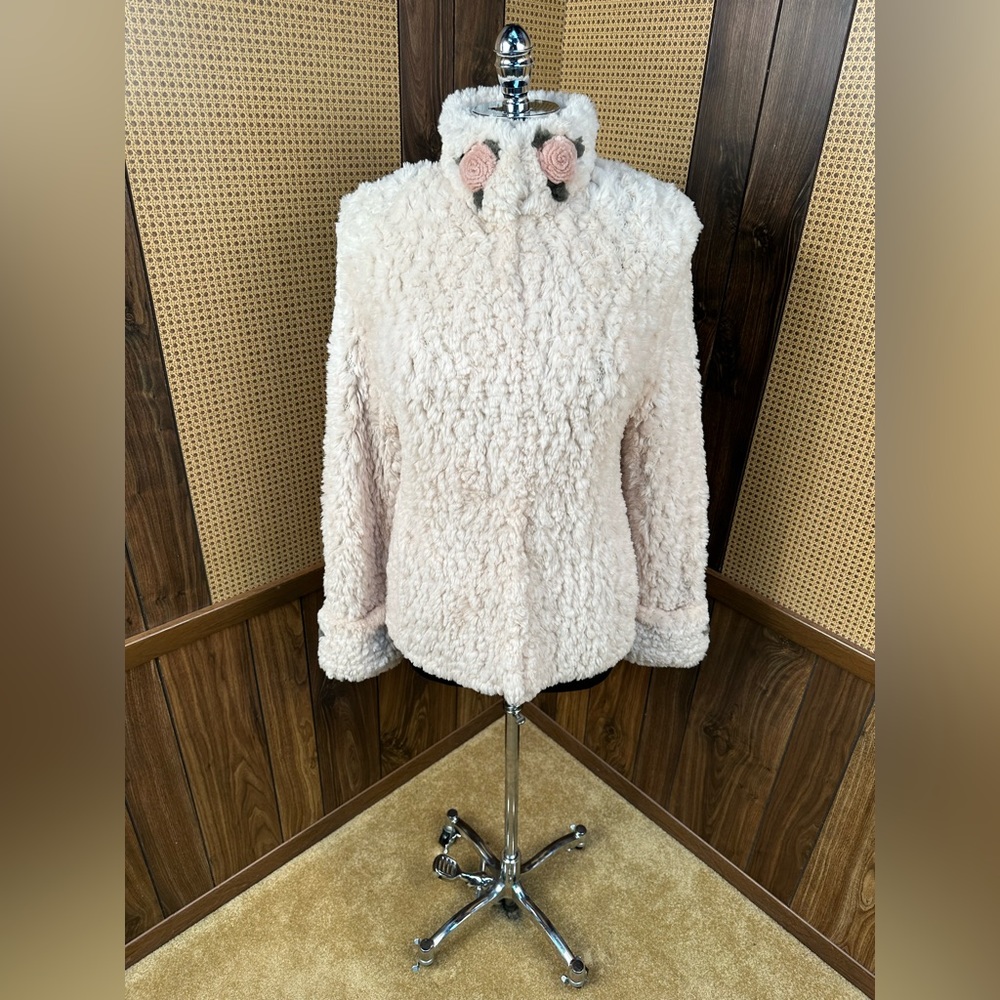 PAULA LISHMAN KNIT FUR DYED ROSEBEIGE/ROSEWOOD/BASIL FLOWER BEAVER COAT JACKET M